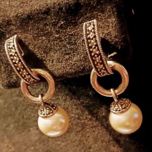 JJ Judith Jack Sterling Silver  Marcasite Drop down dangling Faux Pearl Earrings